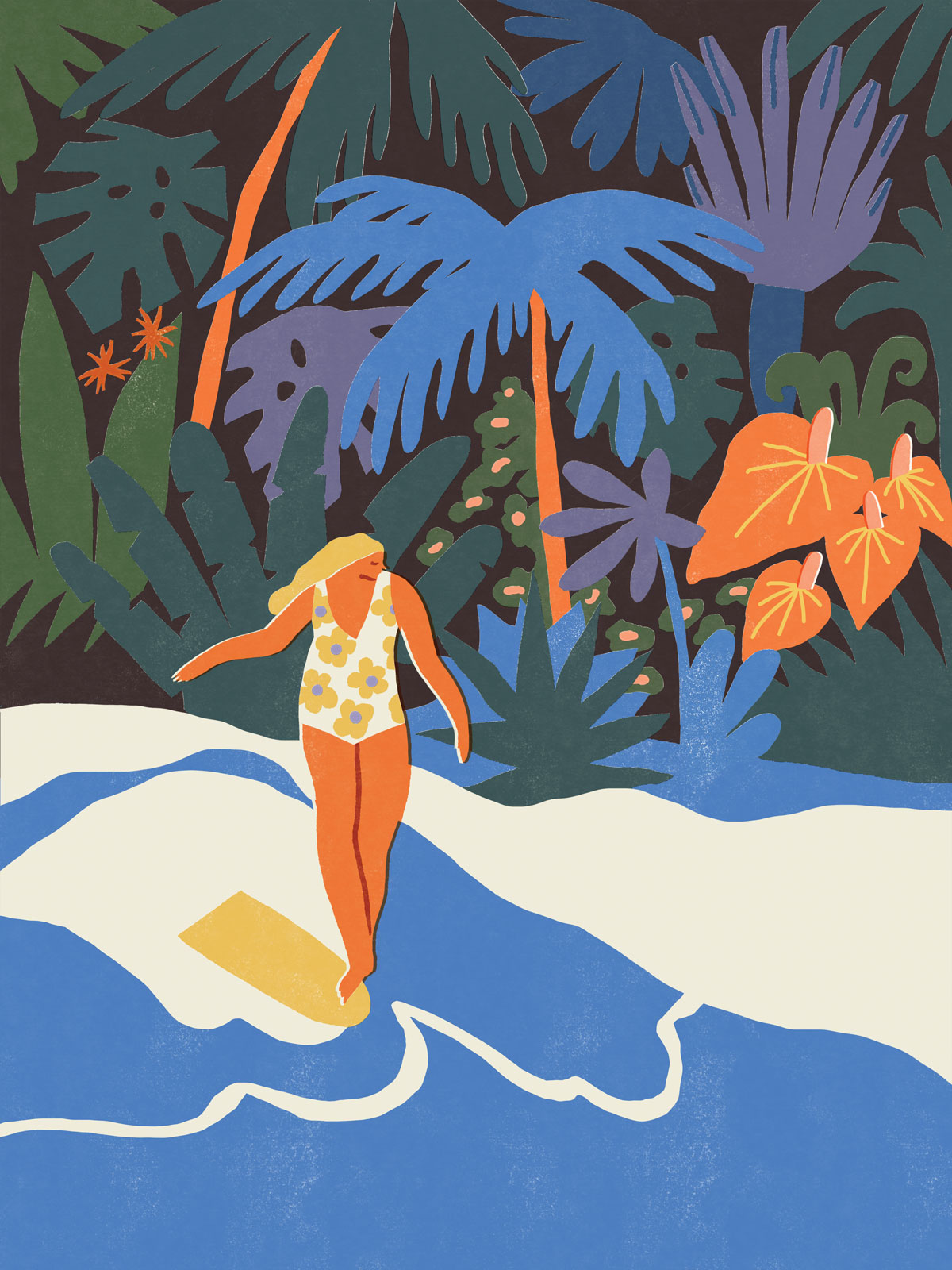 Illustration by Taisila Kordiukova of surfers and wild tropical nature, inspired by the Mentawai Islands.