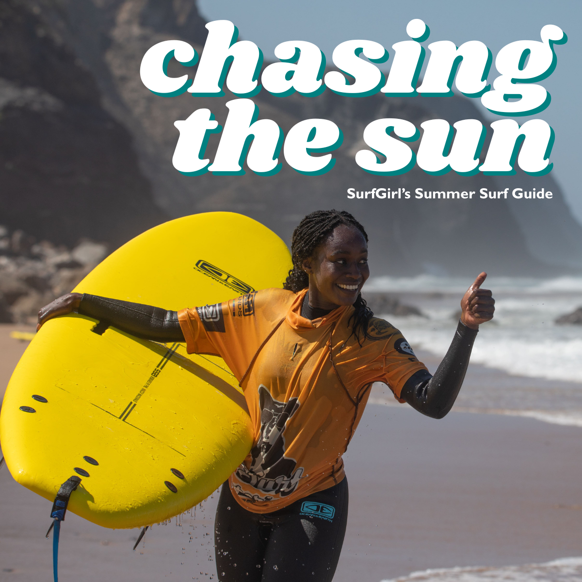 Summer Surf Destinations Header Image. A Girl carrying a yellow surfboard on the beach. She is looking at the sea and putting her thumb up.